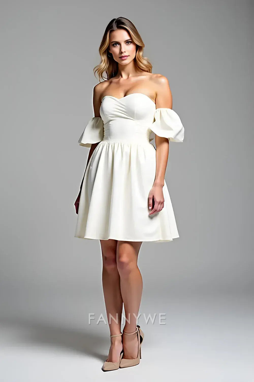 FannyWe Elegant A Line Off the Shoulder White Satin Short Graduation Dress
